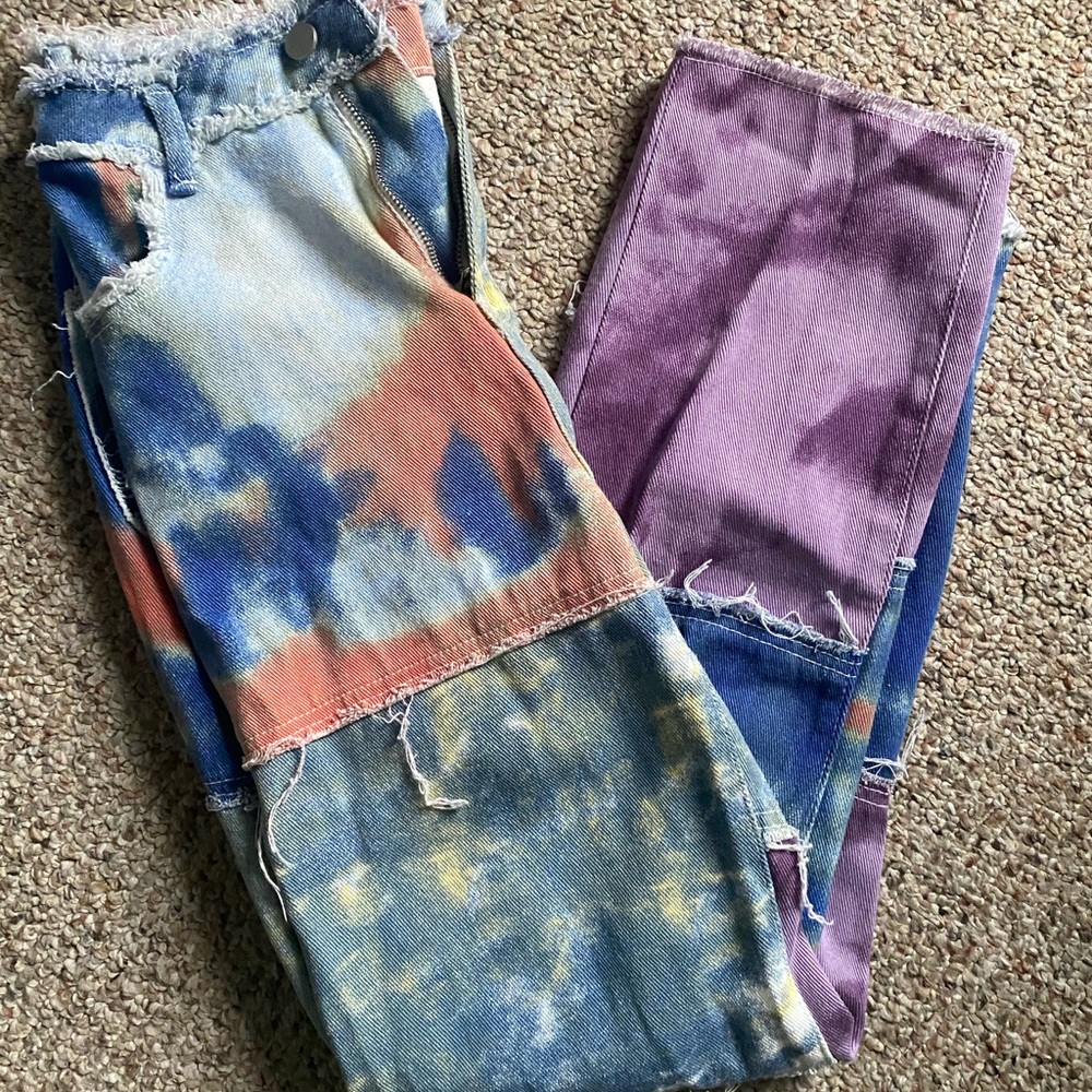 Tie Dye Raw Hem Straight Jeans